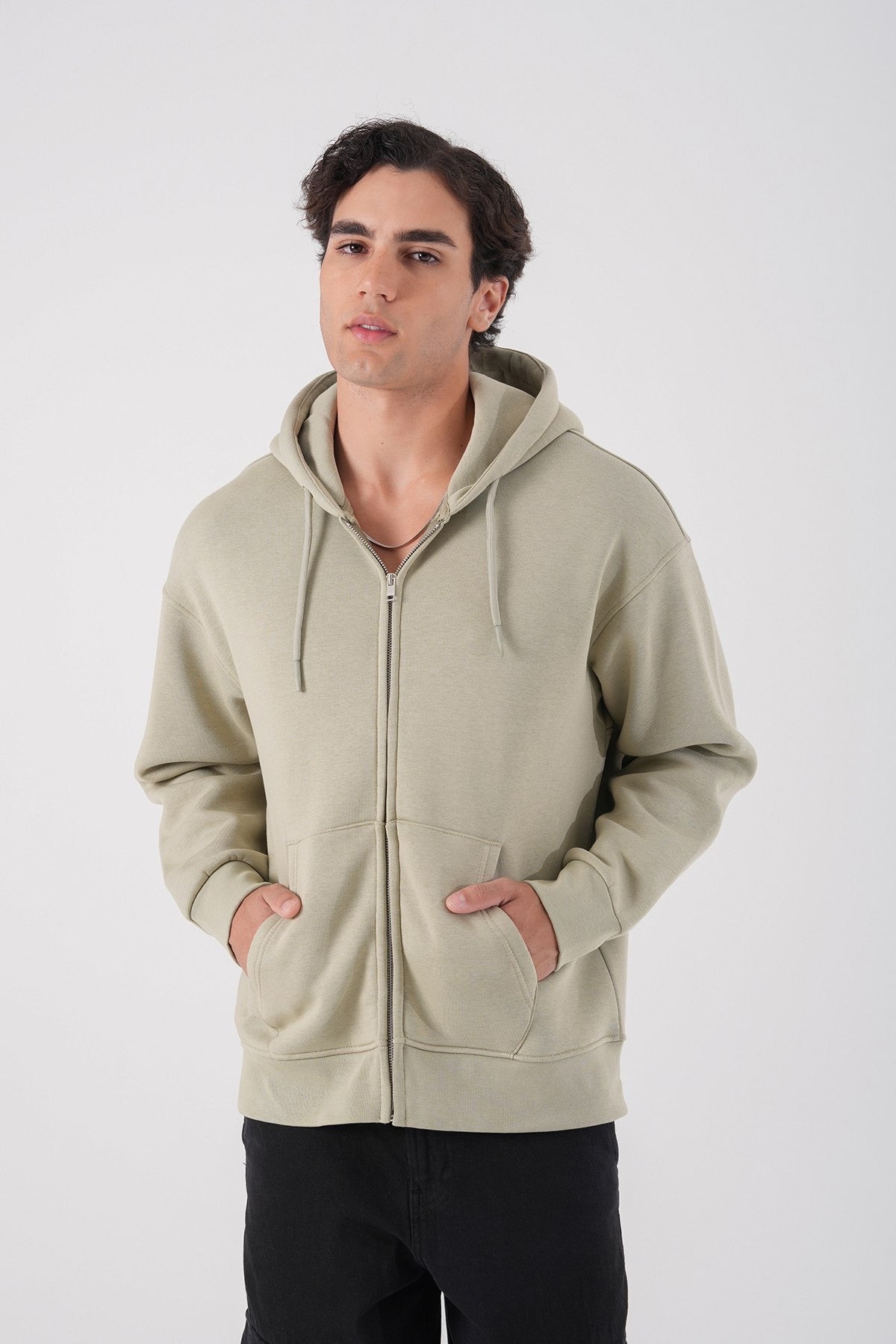 Light Khaki Zip-Up Hoodie – Unisex Casual Streetwear Sweatshirt