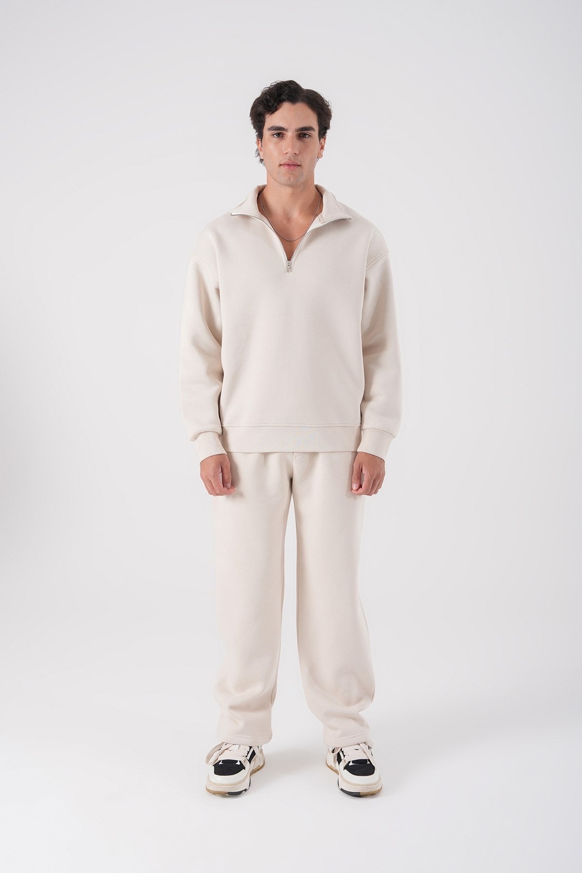 Cream Half-Zip Sweatshirt – Minimalist Unisex Casual Wear