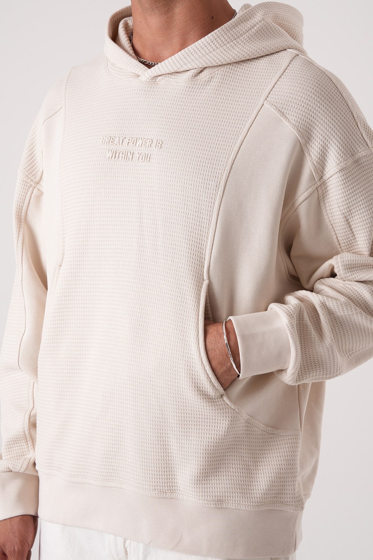 Textured Beige Hoodie – Minimal Waffle Oversized Fit