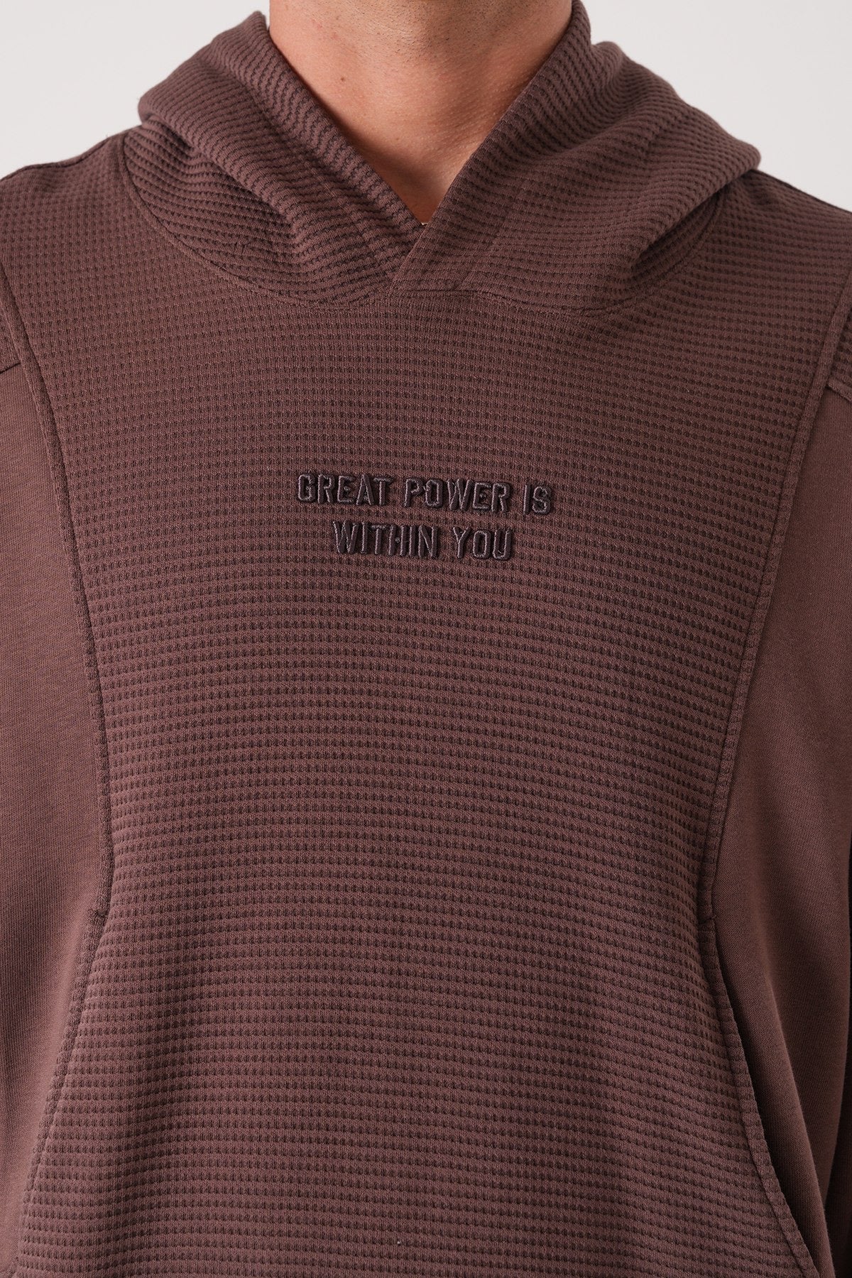 Brown Textured Hoodie – Waffle Panel Oversized Fit