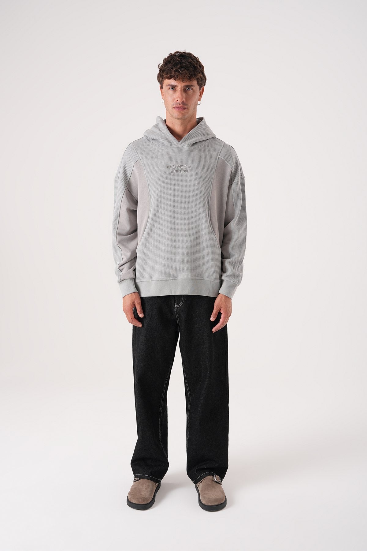 Grey Textured Hoodie – Waffle Panel Oversized Fit