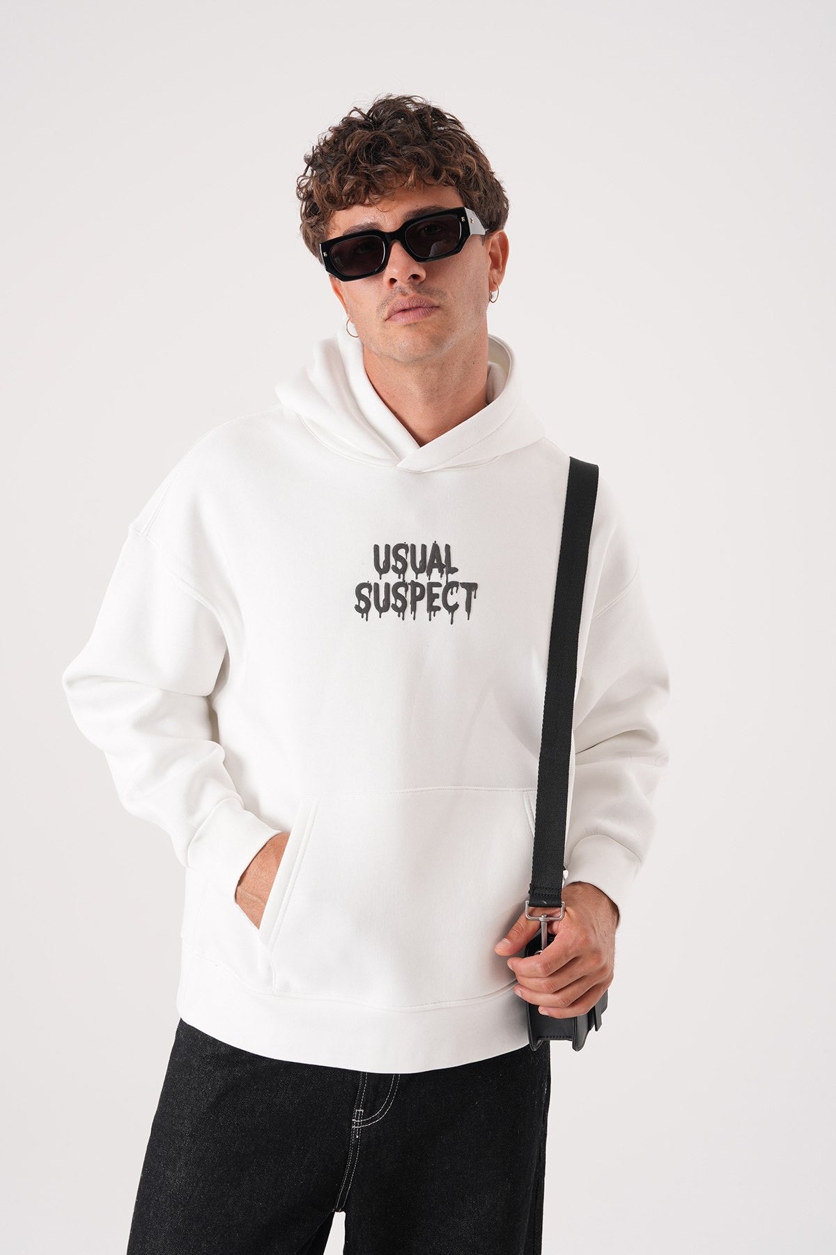 Men’s White Hoodie – “Usual Suspect” Graphic Pullover Sweatshirt