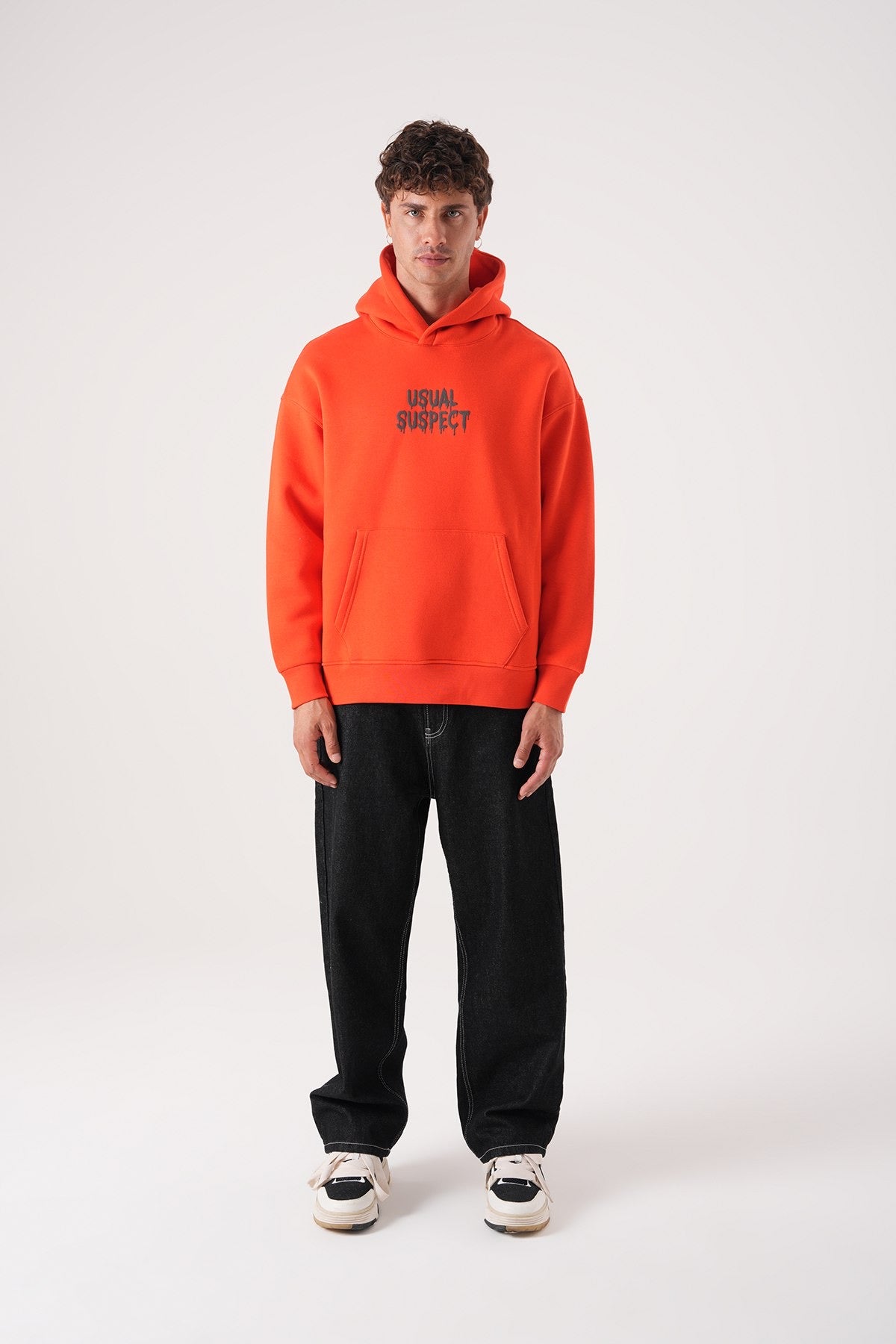 Men’s Orange Hoodie – “Usual Suspect” Graphic Pullover Sweatshirt