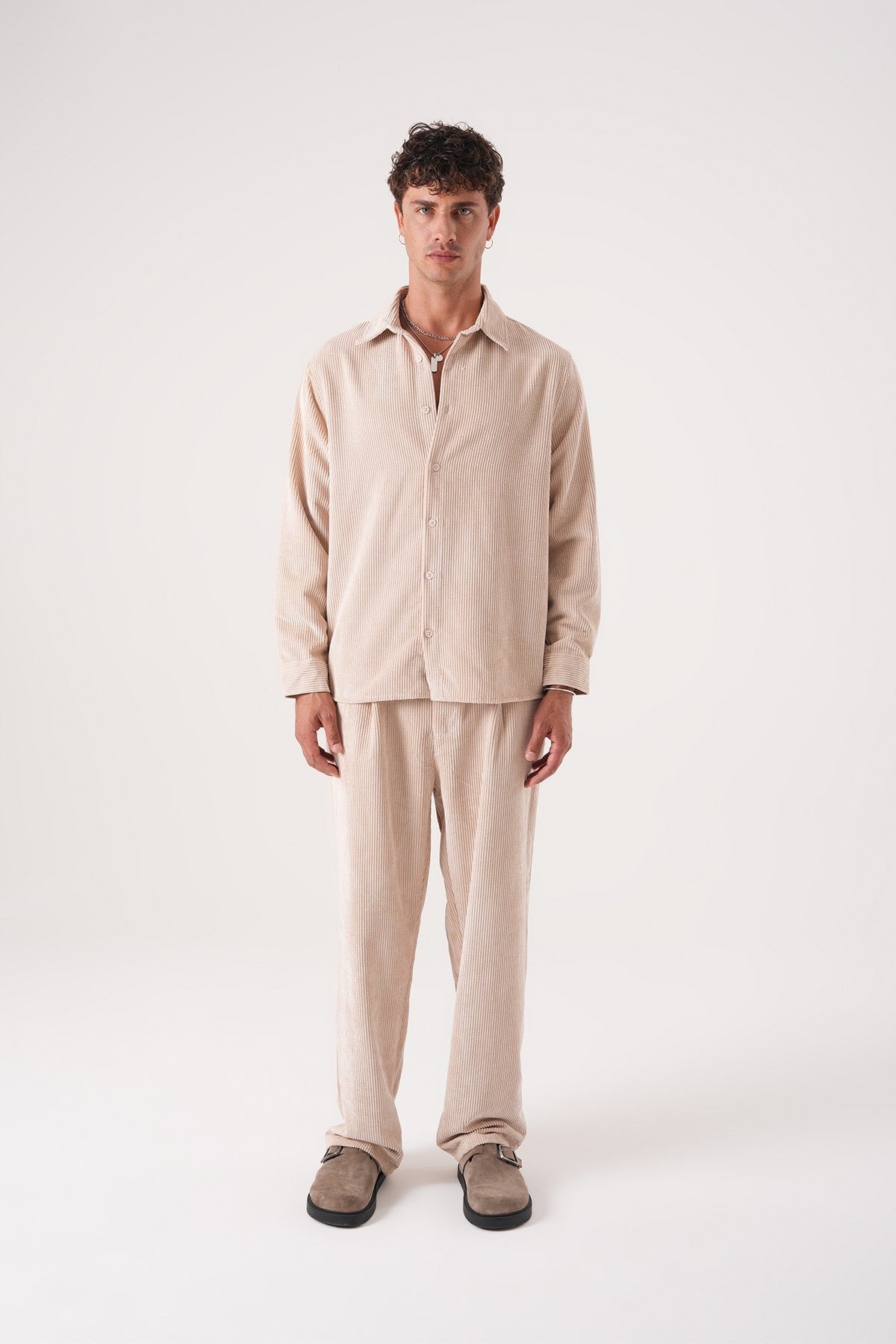 Men’s Beige Corduroy Shirt – Long Sleeve Button-Up Casual Shirt