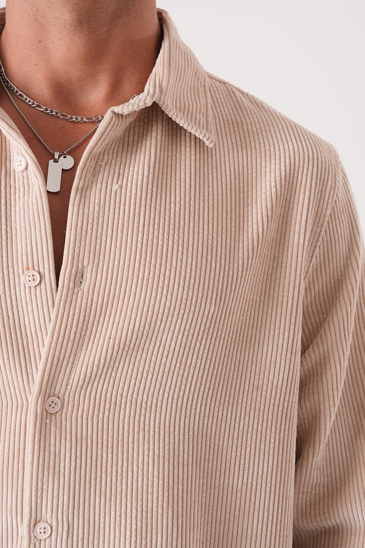 Men’s Beige Corduroy Shirt – Long Sleeve Button-Up Casual Shirt