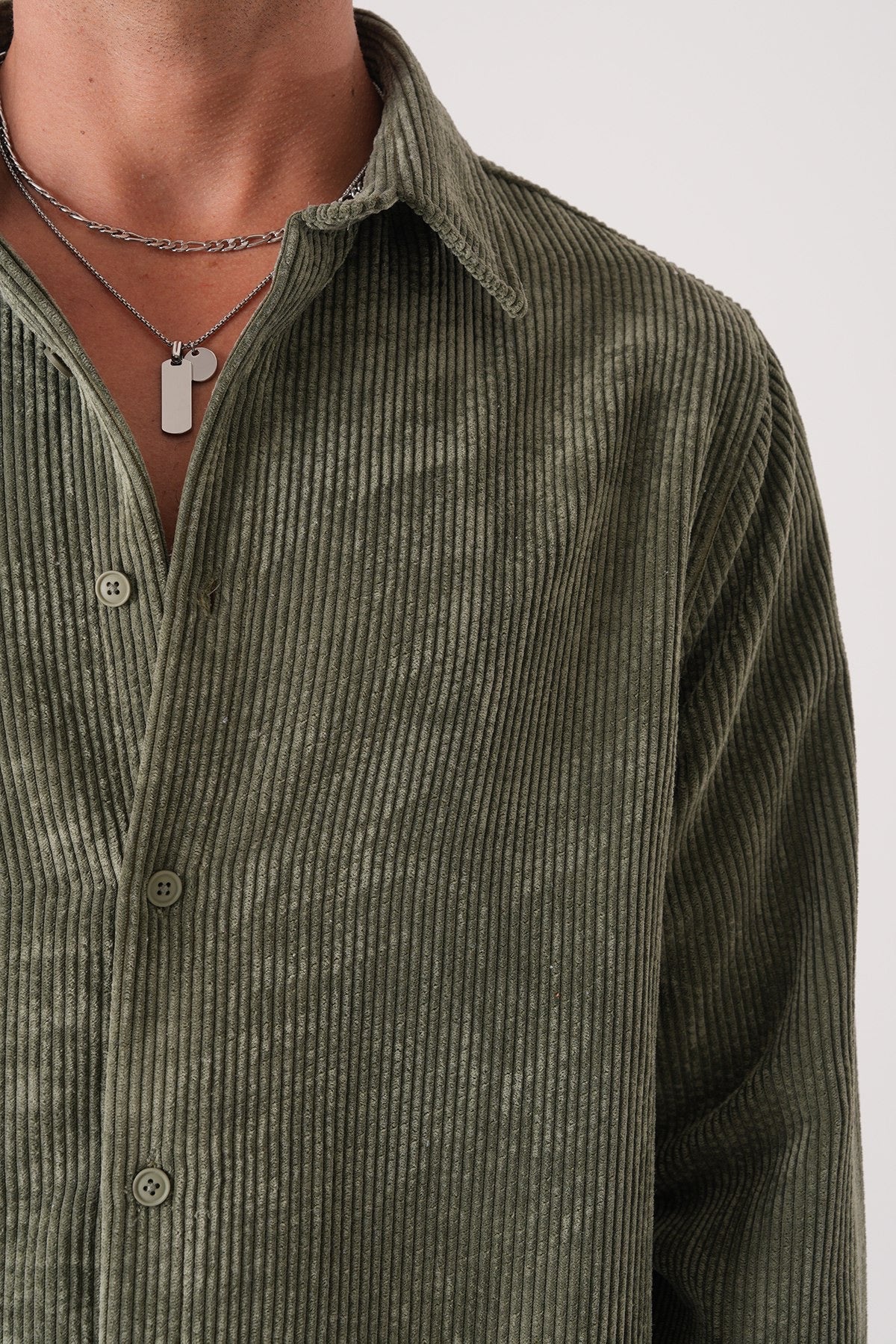 Men’s Olive Green Corduroy Shirt – Long Sleeve Button-Up Casual Shirt