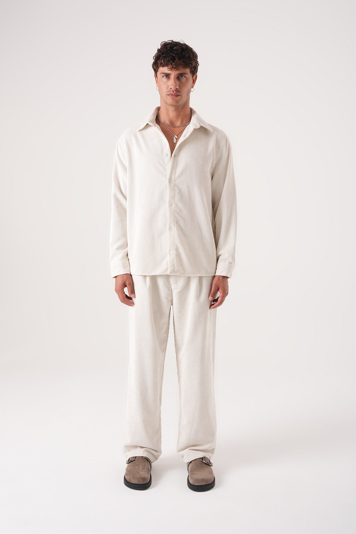 Men’s Off-White Corduroy Shirt – Long Sleeve Button-Up Casual Shirt