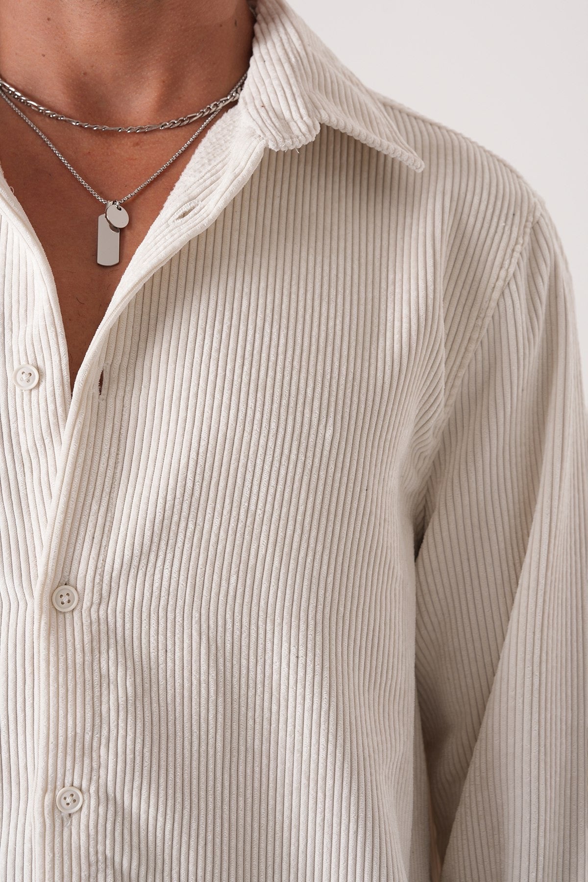 Men’s Off-White Corduroy Shirt – Long Sleeve Button-Up Casual Shirt