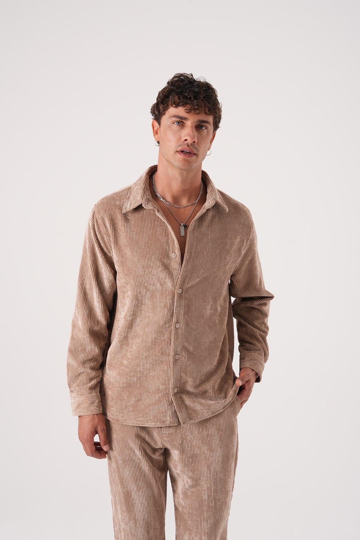 Men’s Brown Corduroy Shirt – Long Sleeve Button-Up Casual Shirt