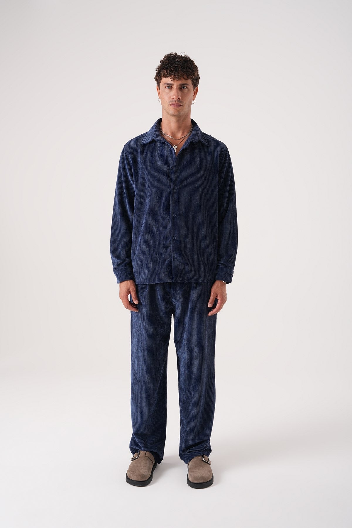 Men’s Navy Blue Corduroy Shirt – Long Sleeve Button-Up Casual Shirt
