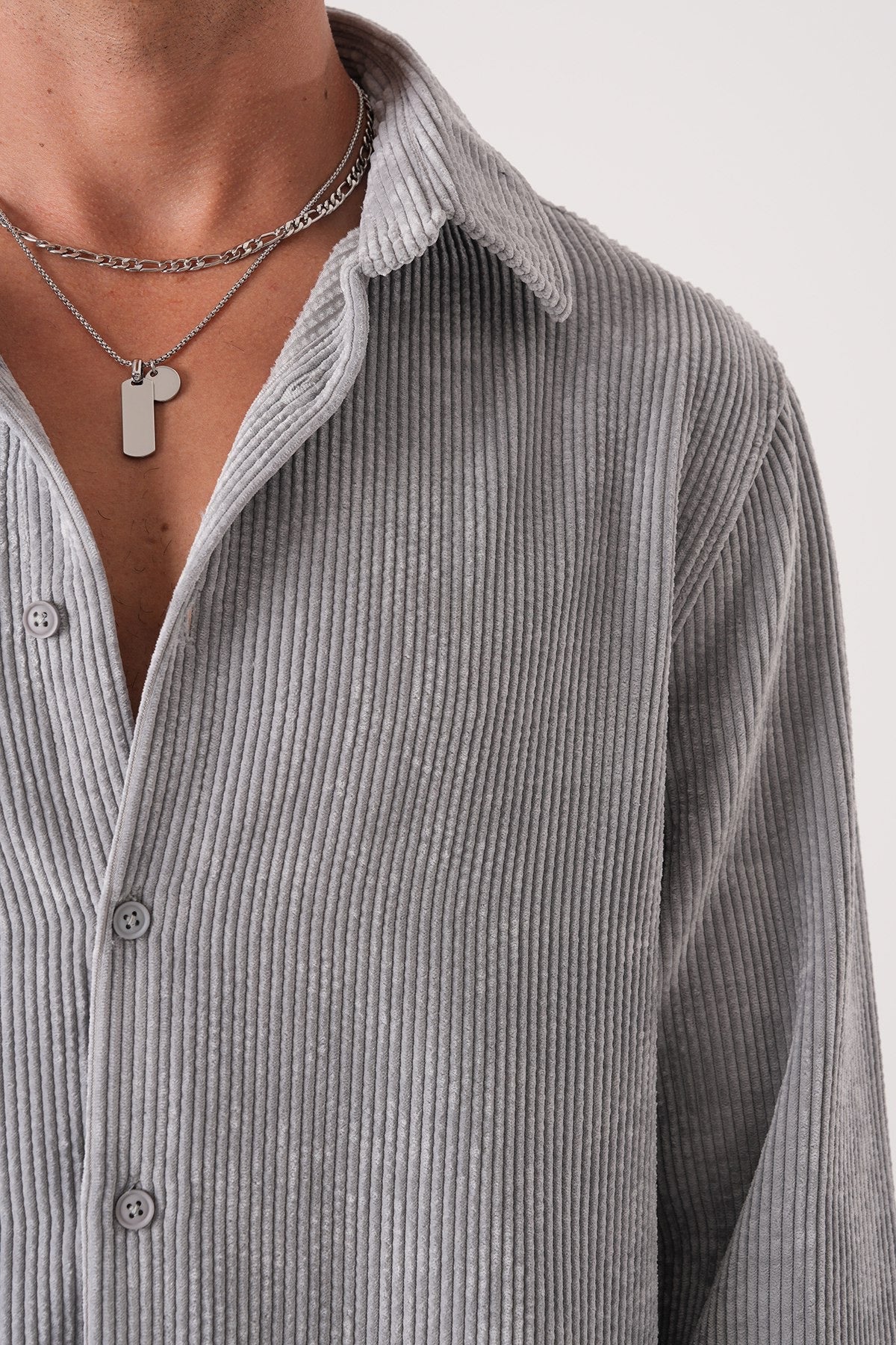 Men’s Light Grey Corduroy Shirt – Long Sleeve Button-Up Casual Shirt