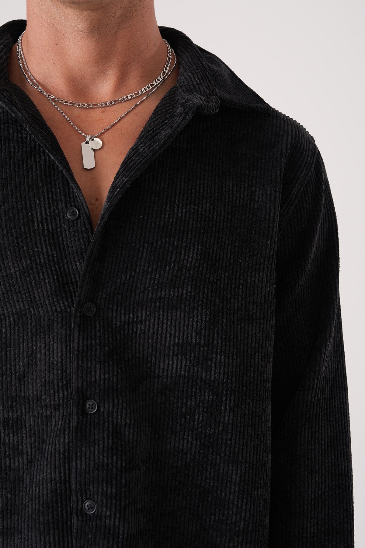 Men’s Black Corduroy Shirt – Long Sleeve Button-Up Vintage Casual Shirt