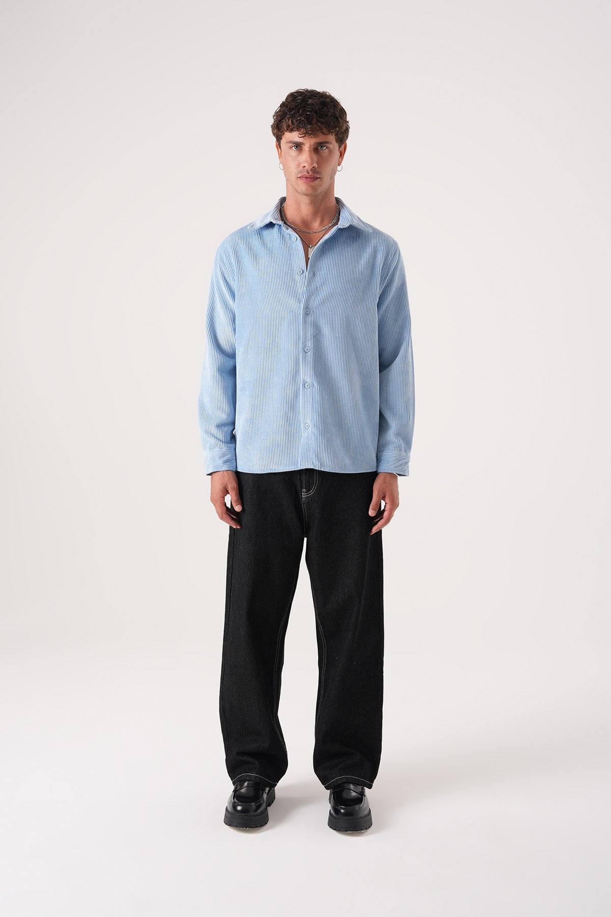 Men’s Sky Blue Corduroy Shirt – Long Sleeve Button-Up Casual Shirt