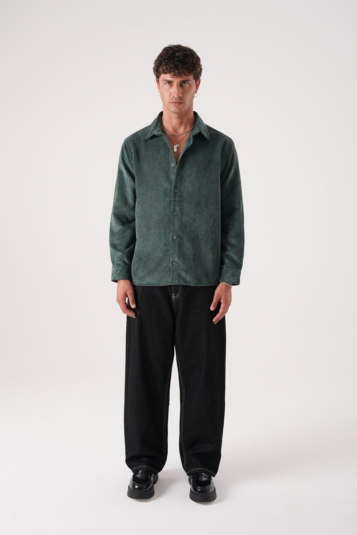 Men’s Dark Green Corduroy Shirt – Long Sleeve Button-Up Vintage Casual Shirt