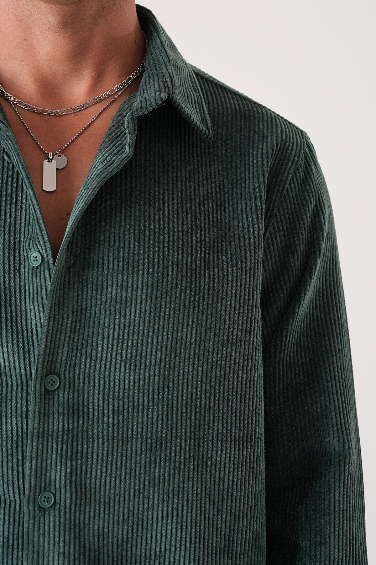 Men’s Dark Green Corduroy Shirt – Long Sleeve Button-Up Vintage Casual Shirt