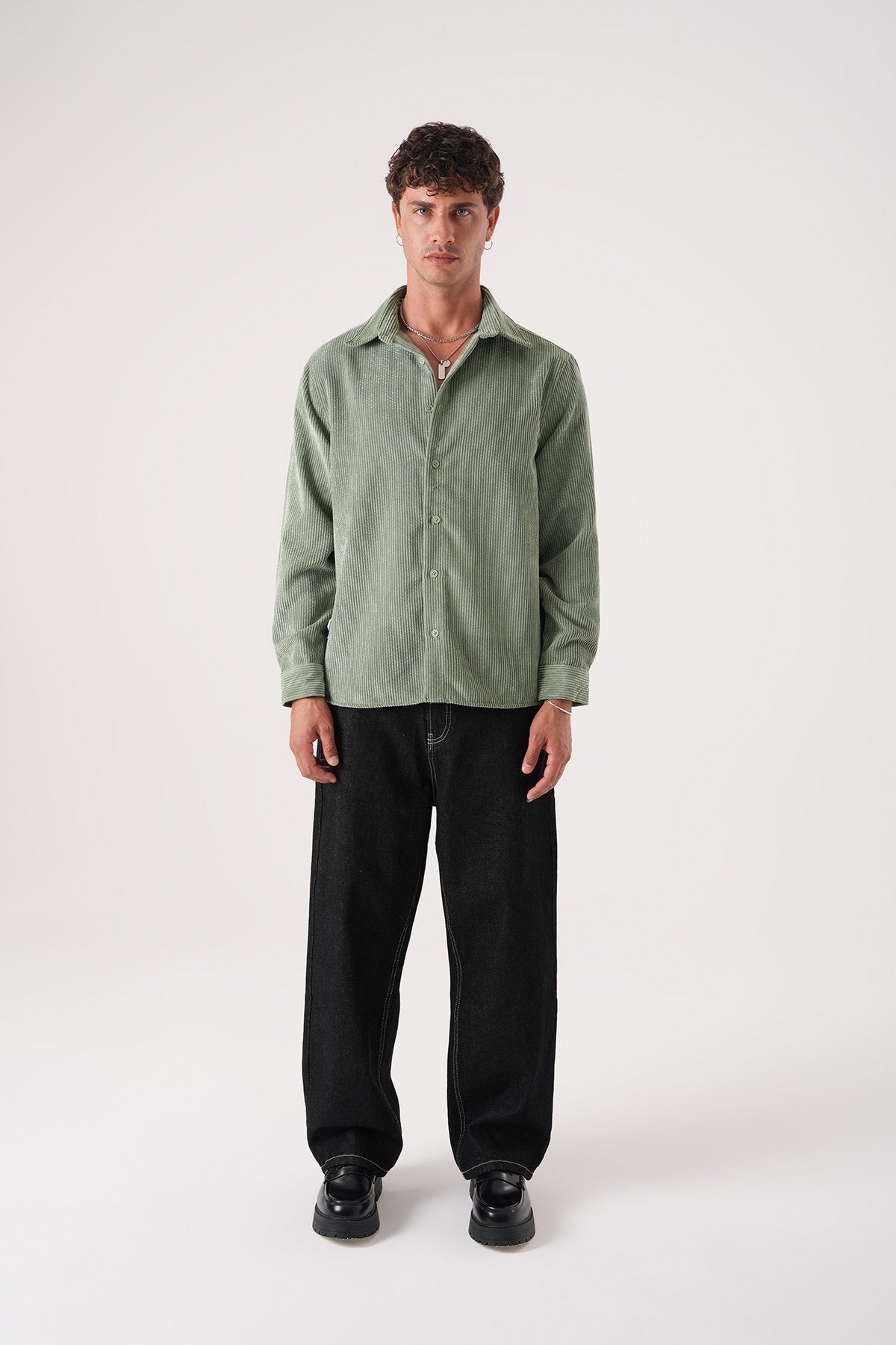 Men’s Sage Green Corduroy Shirt – Long Sleeve Button-Up Casual Shirt