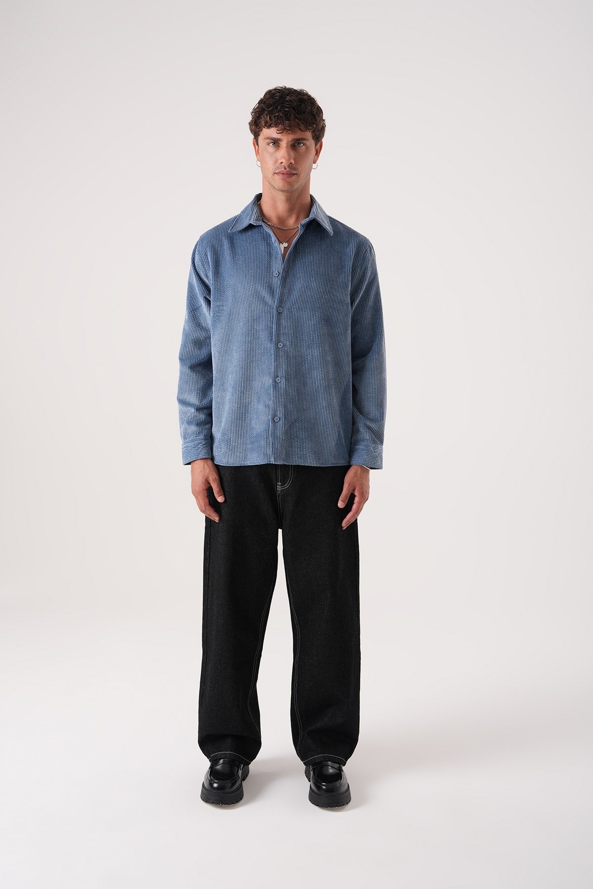 Men’s Denim Blue Corduroy Shirt – Long Sleeve Button-Up Casual Shirt