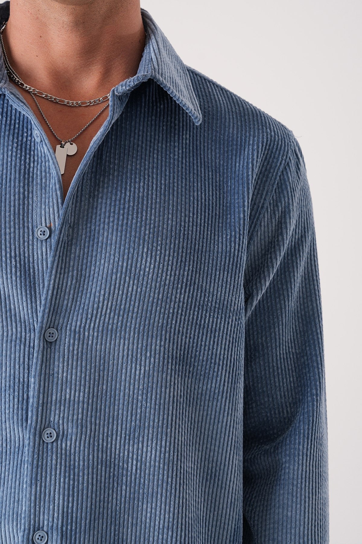 Men’s Denim Blue Corduroy Shirt – Long Sleeve Button-Up Casual Shirt