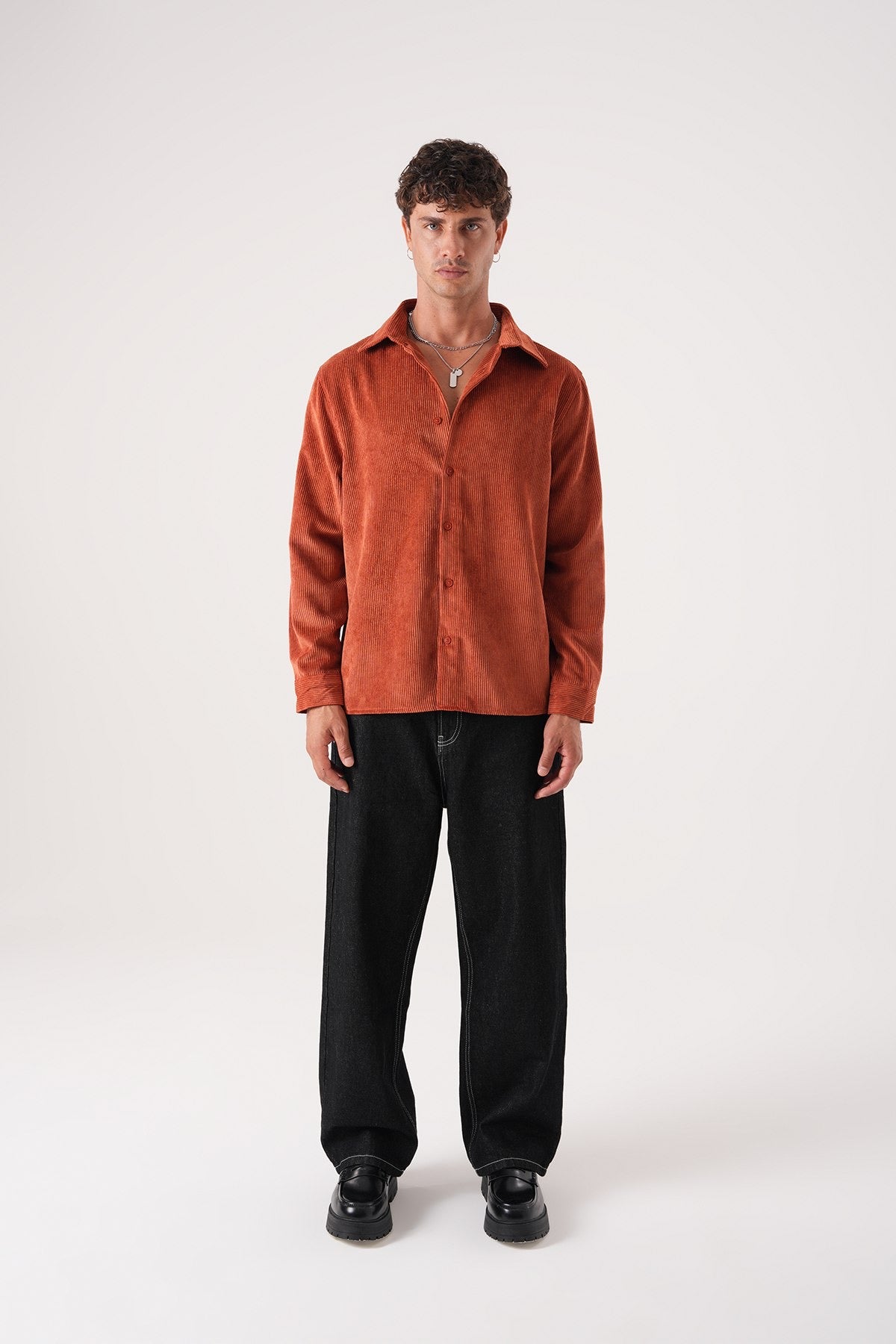 Men’s Rust Corduroy Shirt – Long Sleeve Button-Up Vintage Casual Shirt