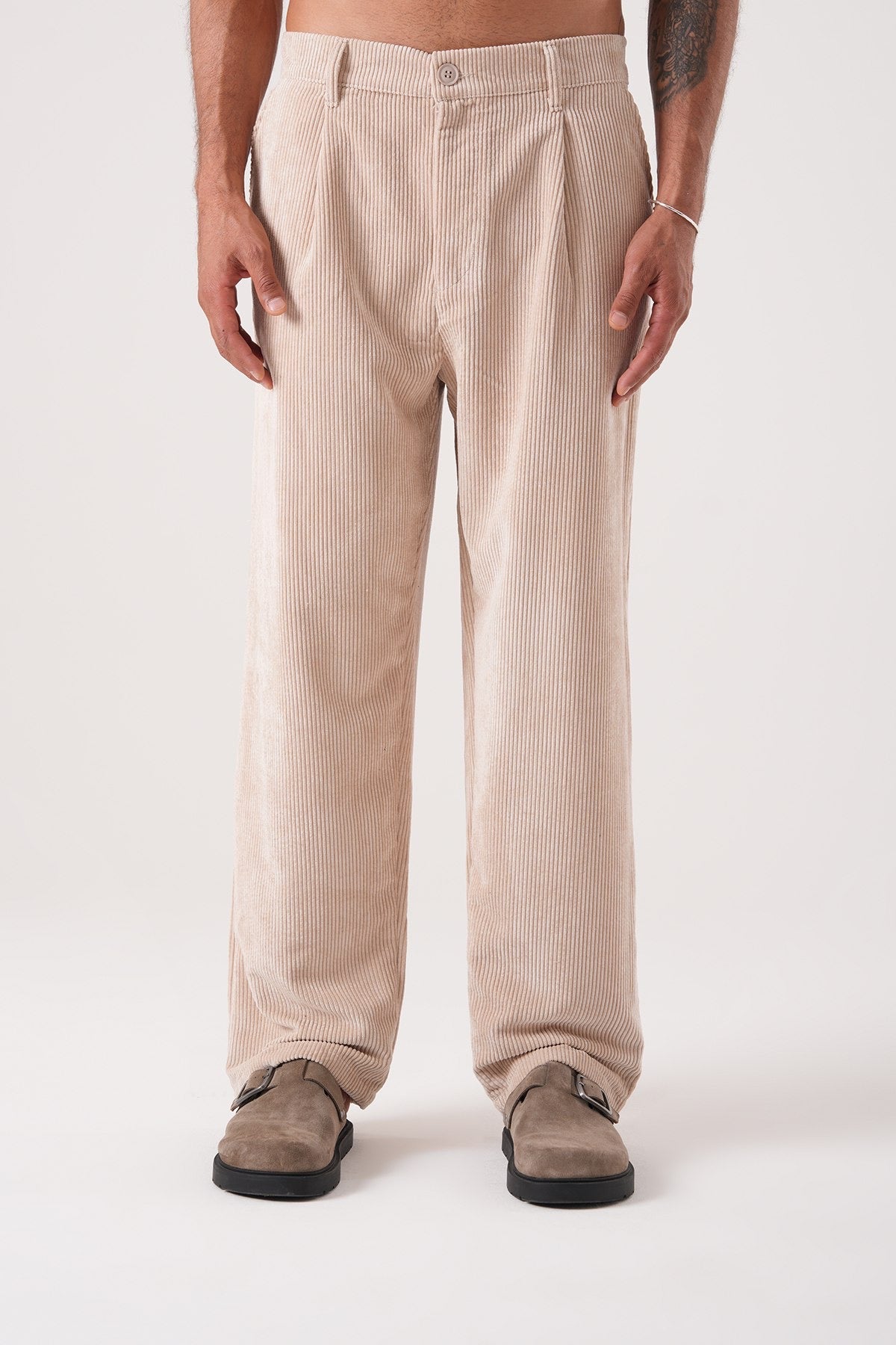 Men’s Beige Corduroy Pants – Relaxed Fit Straight Leg Trousers