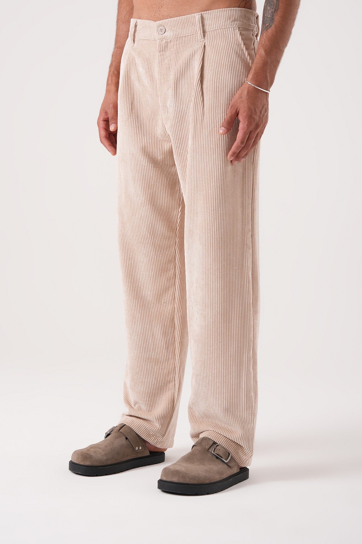 Men’s Beige Corduroy Pants – Relaxed Fit Straight Leg Trousers