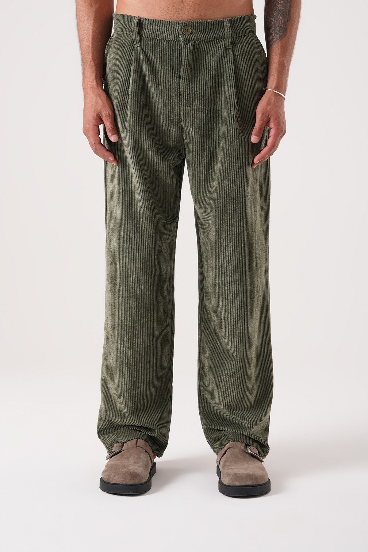 Men’s Olive Green Corduroy Pants – Relaxed Fit Straight Leg Trousers