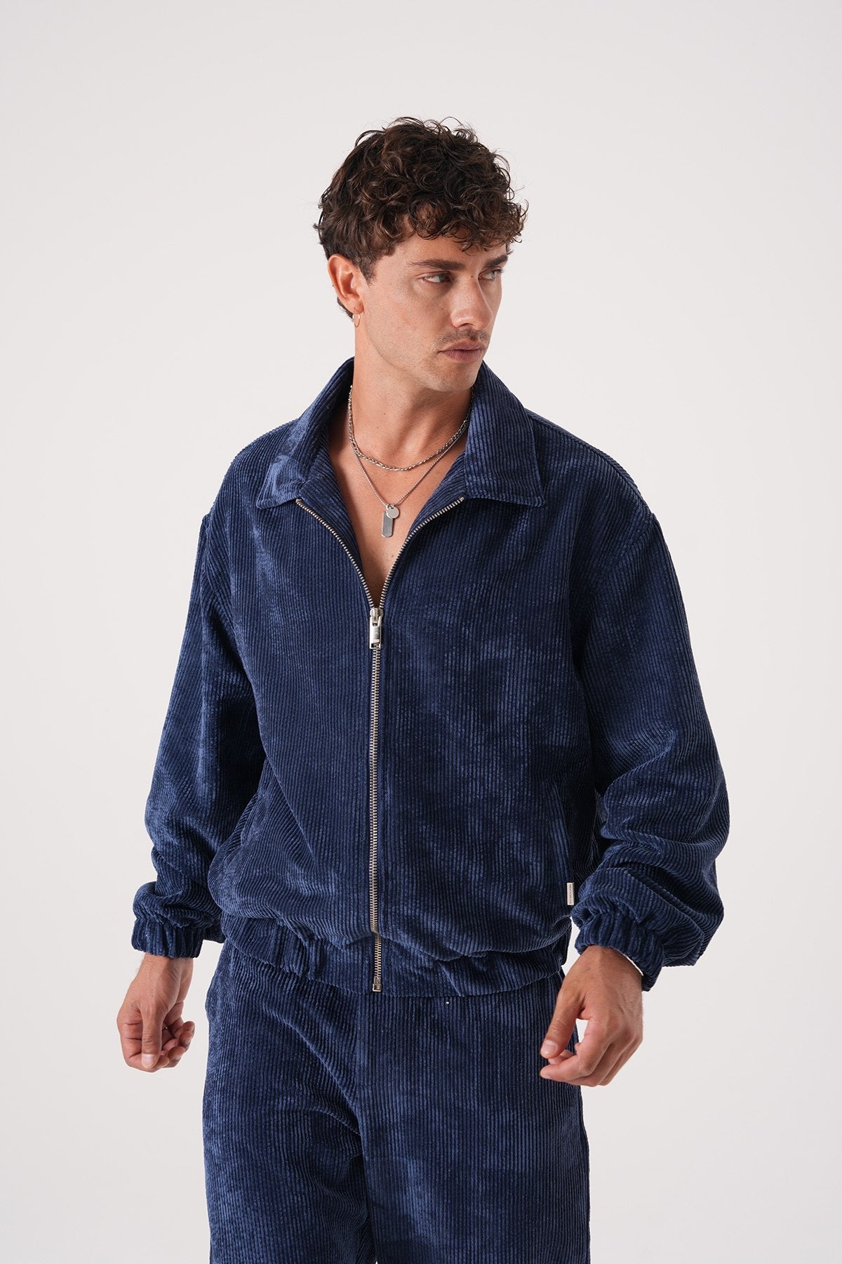 Men’s Navy Blue Corduroy Zip-Up Jacket – Retro Streetwear Bomber Style