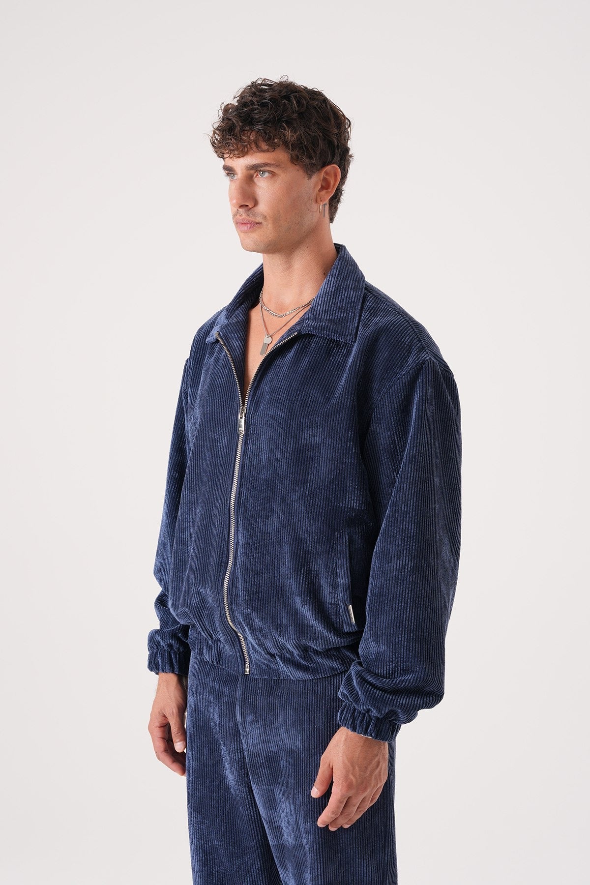 Men’s Navy Blue Corduroy Zip-Up Jacket – Retro Streetwear Bomber Style