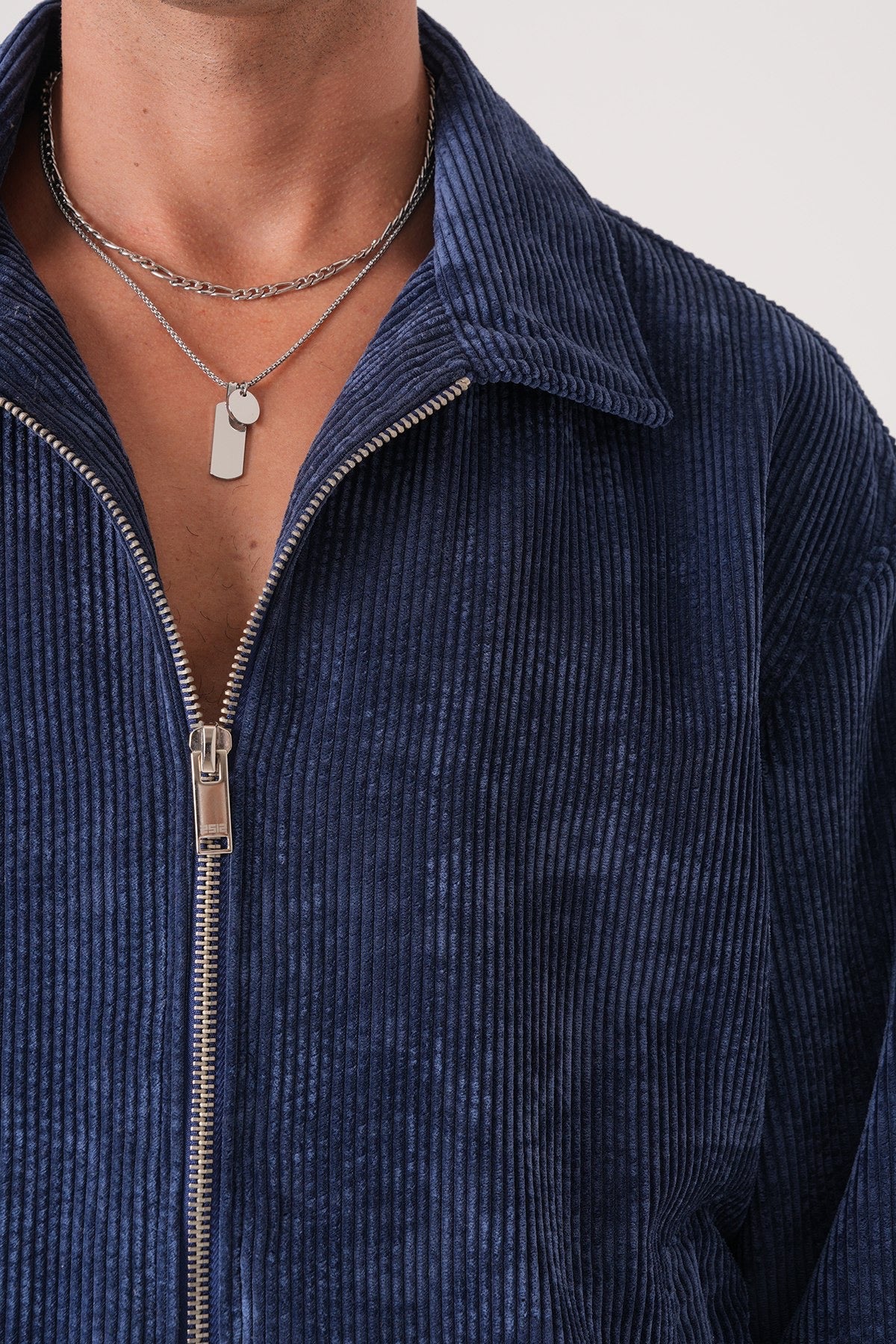Men’s Navy Blue Corduroy Zip-Up Jacket – Retro Streetwear Bomber Style