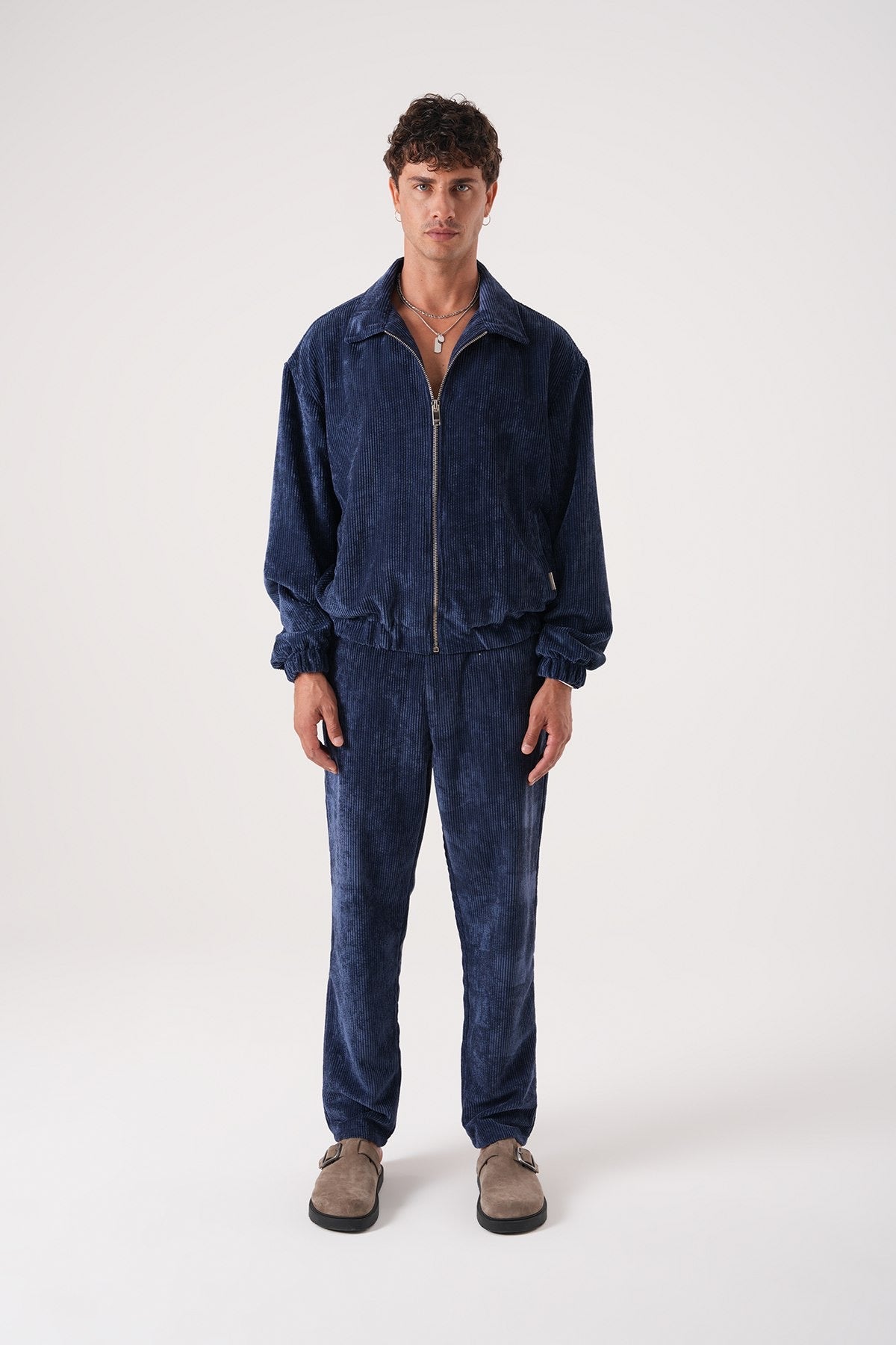 Men’s Navy Blue Corduroy Zip-Up Jacket – Retro Streetwear Bomber Style