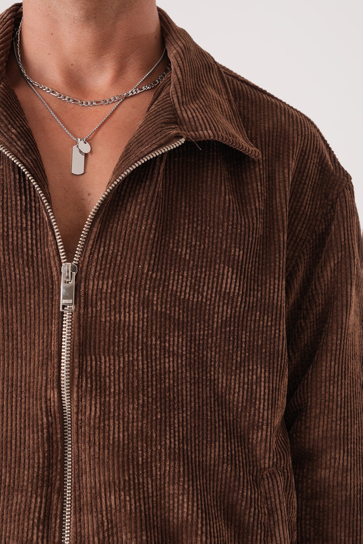 Men’s Brown Corduroy Zip-Up Jacket – Retro Bomber Streetwear Style