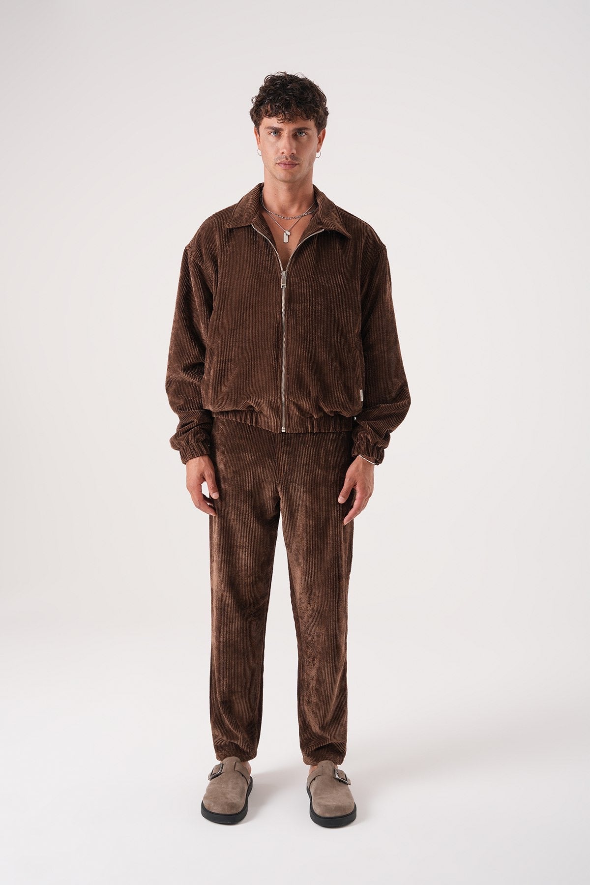 Men’s Brown Corduroy Zip-Up Jacket – Retro Bomber Streetwear Style