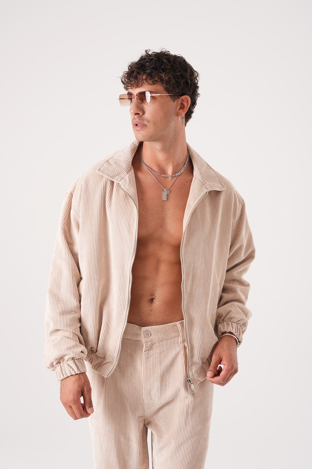 Men’s Beige Corduroy Zip-Up Jacket – Vintage Bomber Streetwear Essential