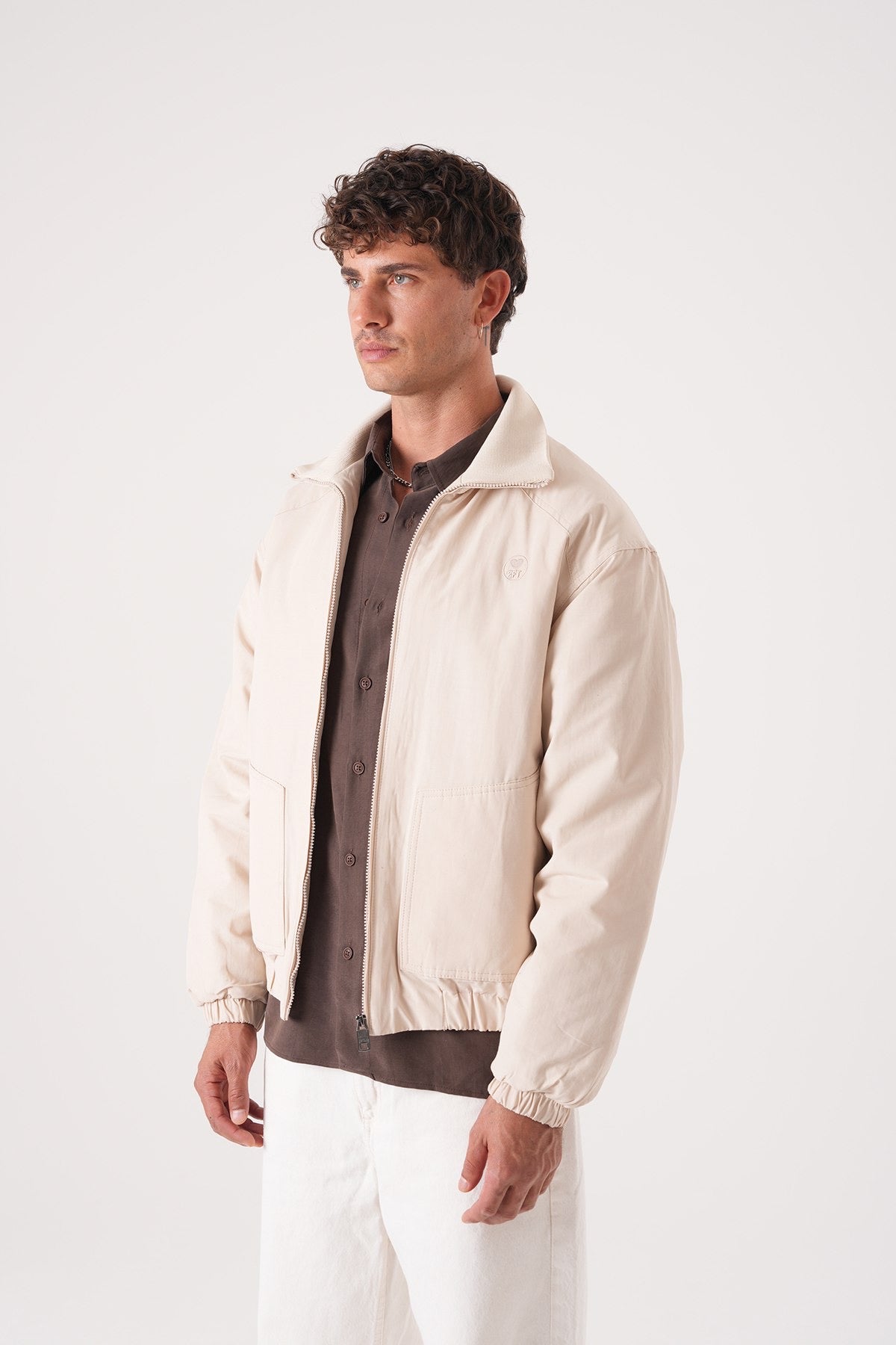 Men’s Beige Harrington Jacket – Minimalist Zip-Up Outerwear