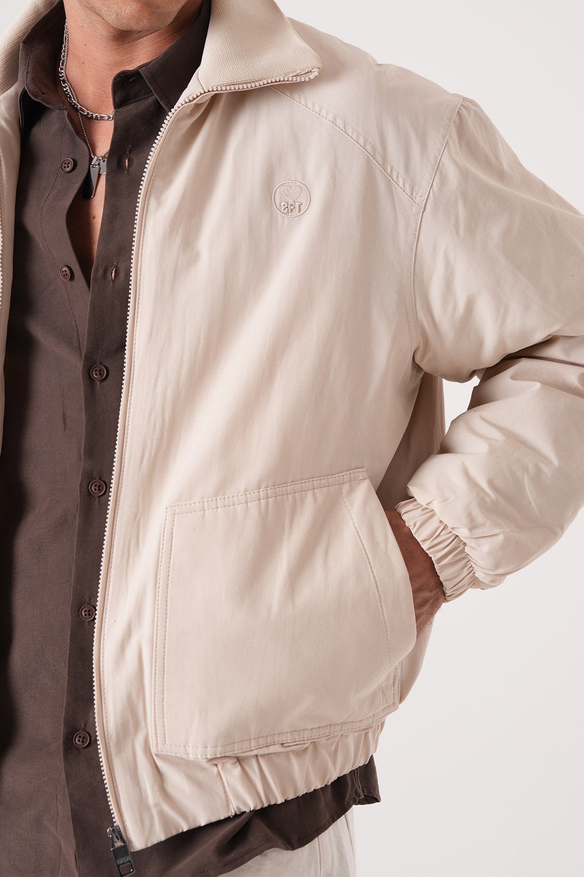 Men’s Beige Harrington Jacket – Minimalist Zip-Up Outerwear