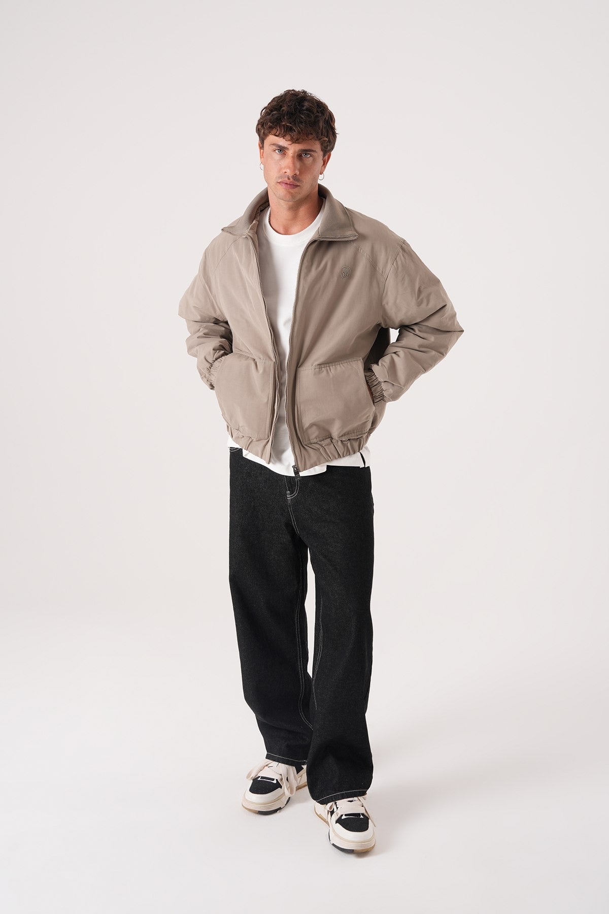 Men’s Taupe Beige Minimal Bomber Jacket – Smart & Versatile Outerwear