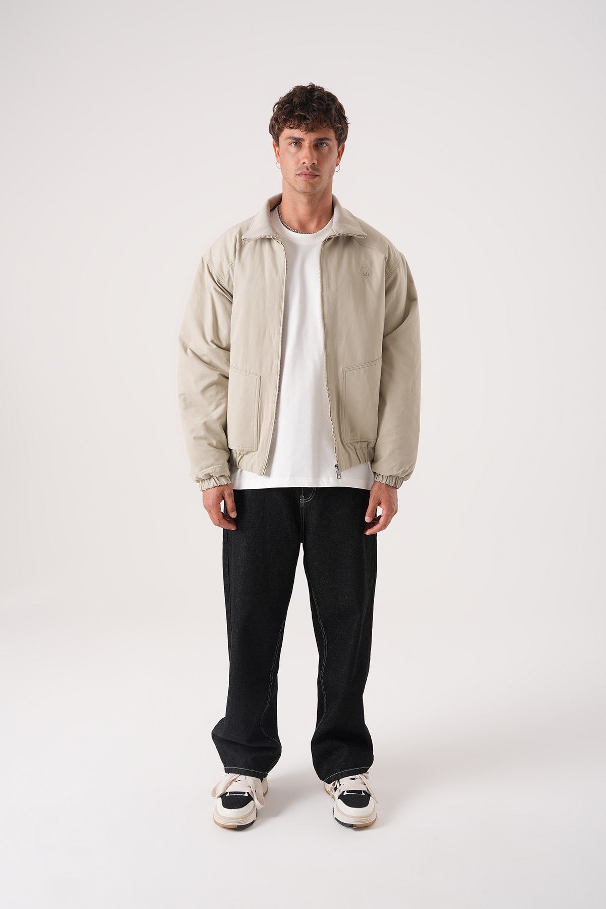 Men’s Light Beige Harrington Jacket – Minimalist Everyday Outerwear