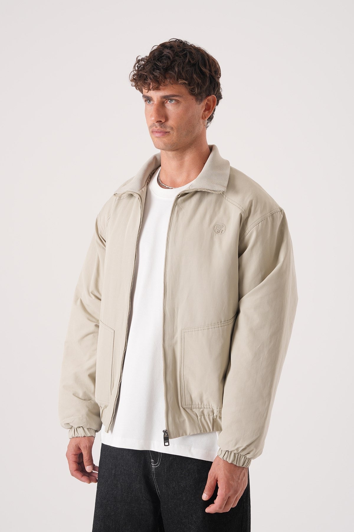 Men’s Light Beige Harrington Jacket – Minimalist Everyday Outerwear