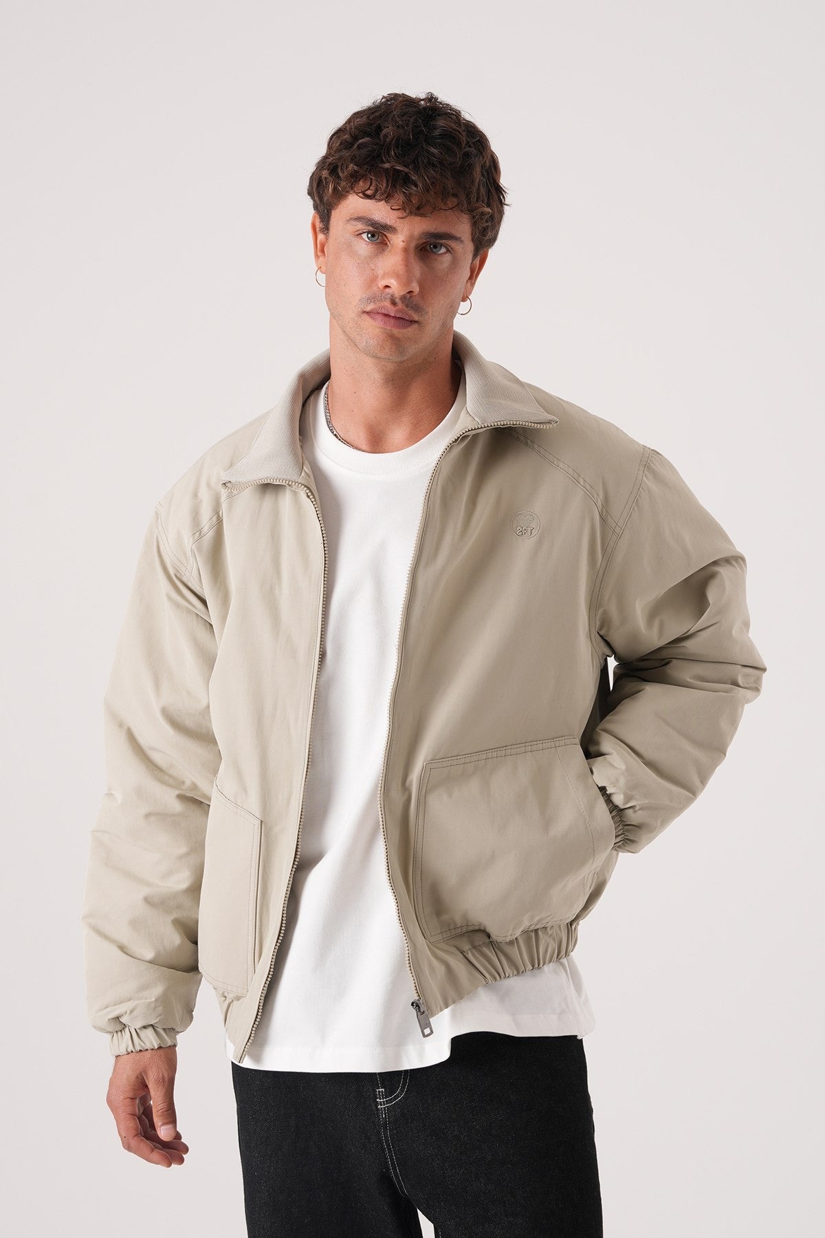 Men’s Light Beige Harrington Jacket – Minimalist Everyday Outerwear