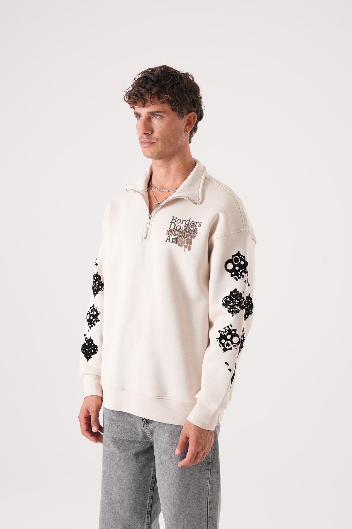 Men’s Half-Zip Sweatshirt – Borders Do Not Affect Art (Beige)