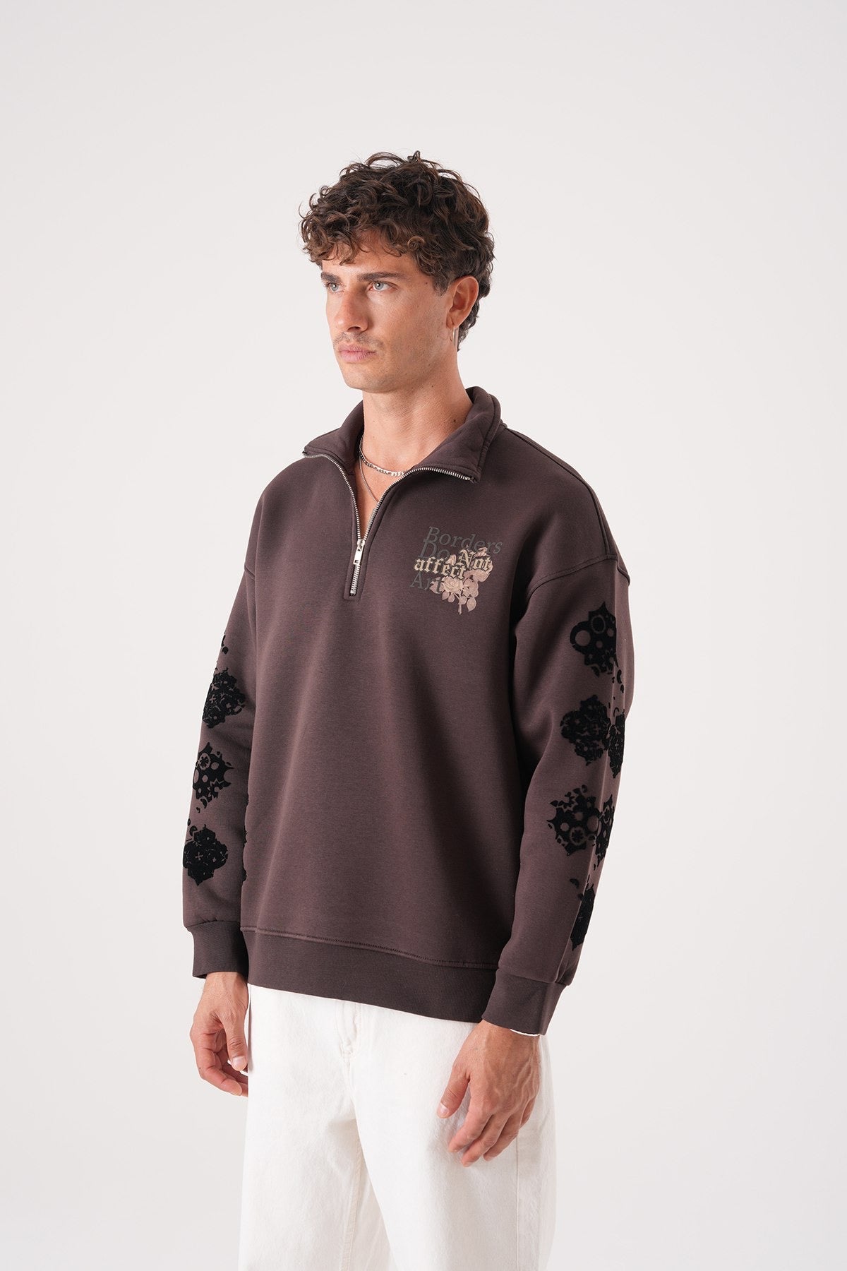 Men’s Half-Zip Sweatshirt – Borders Do Not Affect Art (Brown)