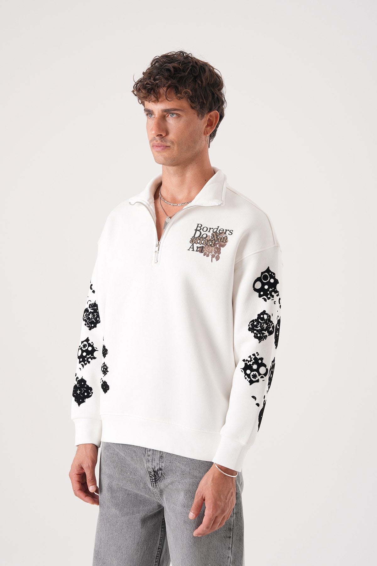 Men’s Half-Zip Sweatshirt – Borders Do Not Affect Art (White)