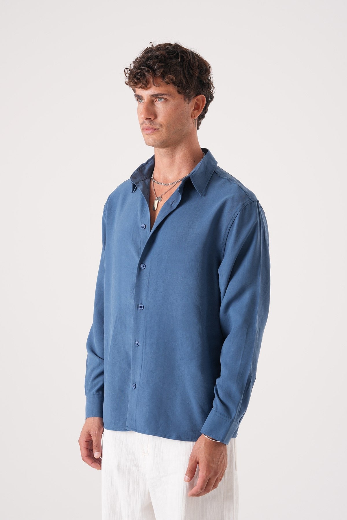 Men’s Long Sleeve Button-Down Shirt – Solid Blue
