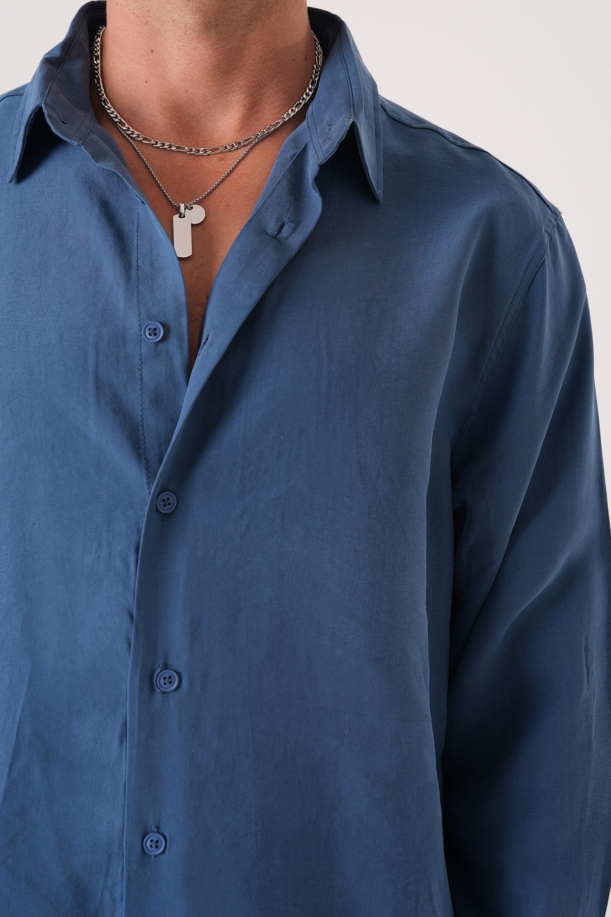 Men’s Long Sleeve Button-Down Shirt – Solid Blue