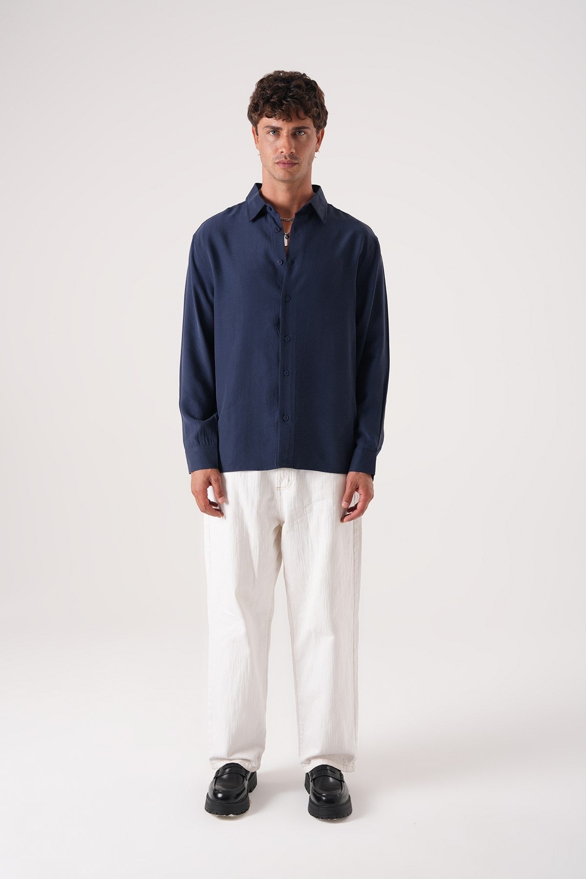 Men’s Long Sleeve Button-Down Shirt – Navy Blue