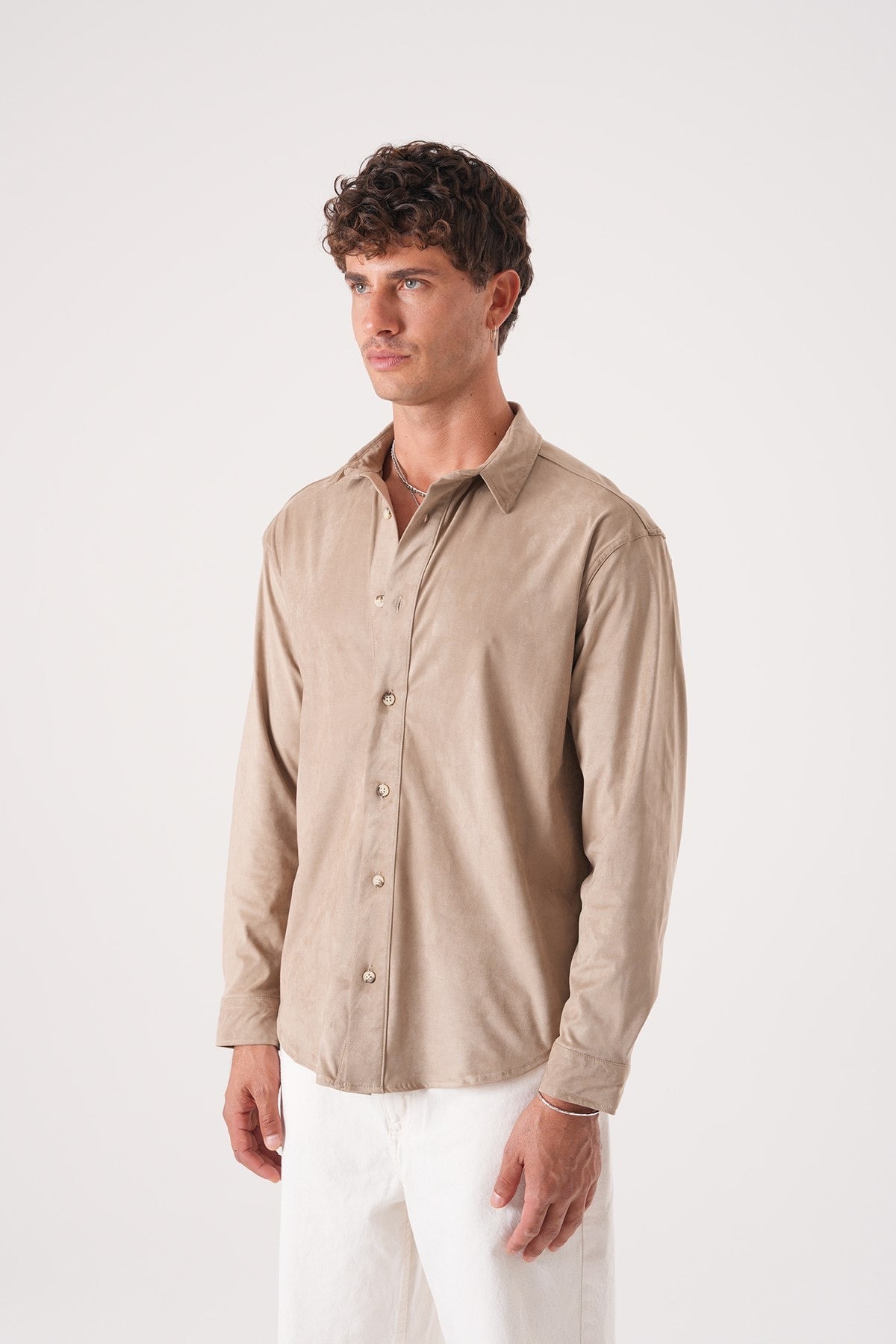 Men’s Long Sleeve Button-Down Shirt – Sand Beige