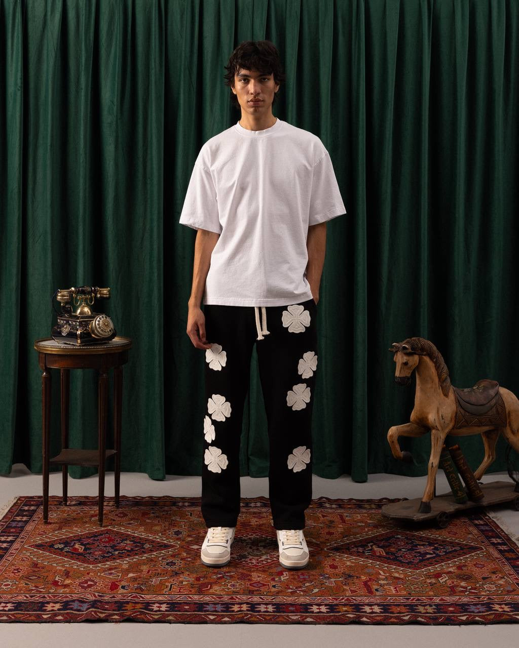 Men’s Black Sweatpants – White Clover Patch Embroidered Streetwear Joggers