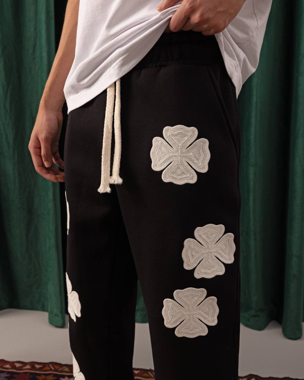 Men’s Black Sweatpants – White Clover Patch Embroidered Streetwear Joggers