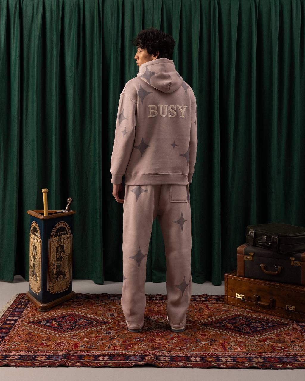 Men’s Mauve Hoodie – Star Print & “OFF” Chenille Patch Streetwear Pullover