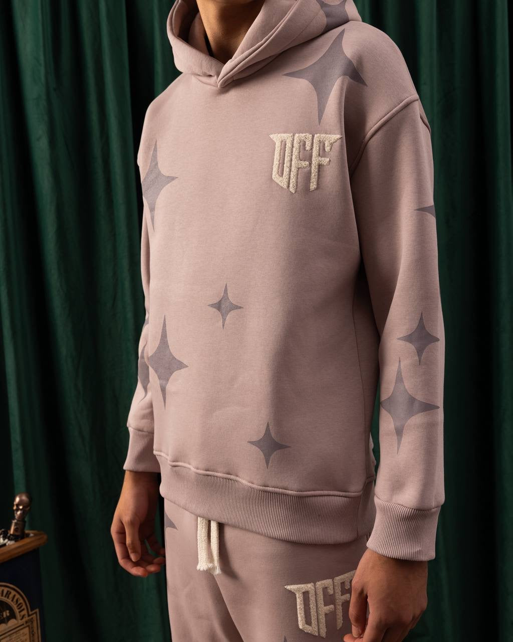 Men’s Mauve Hoodie – Star Print & “OFF” Chenille Patch Streetwear Pullover